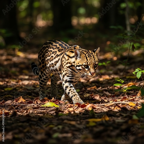Spotted feline predator cautiously moving across a sunlit forest floor covered in fallen leaves