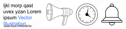 Notifications, time tracking, alerts, communication, reminders, productivity. Black and white icons of a loudspeaker, clock and bell. Notifications and time tracking symbol concepts