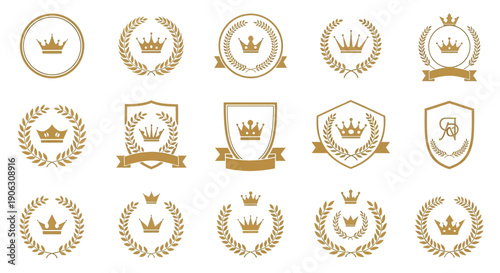 Collection of Golden Crown and Laurel Wreath Emblems, Royal Heraldry and Victory Symbols.
