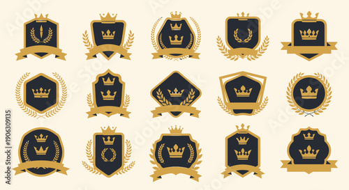 Collection of Royal Crests and Crown Emblems with Golden Ribbons and Laurel Wreaths.