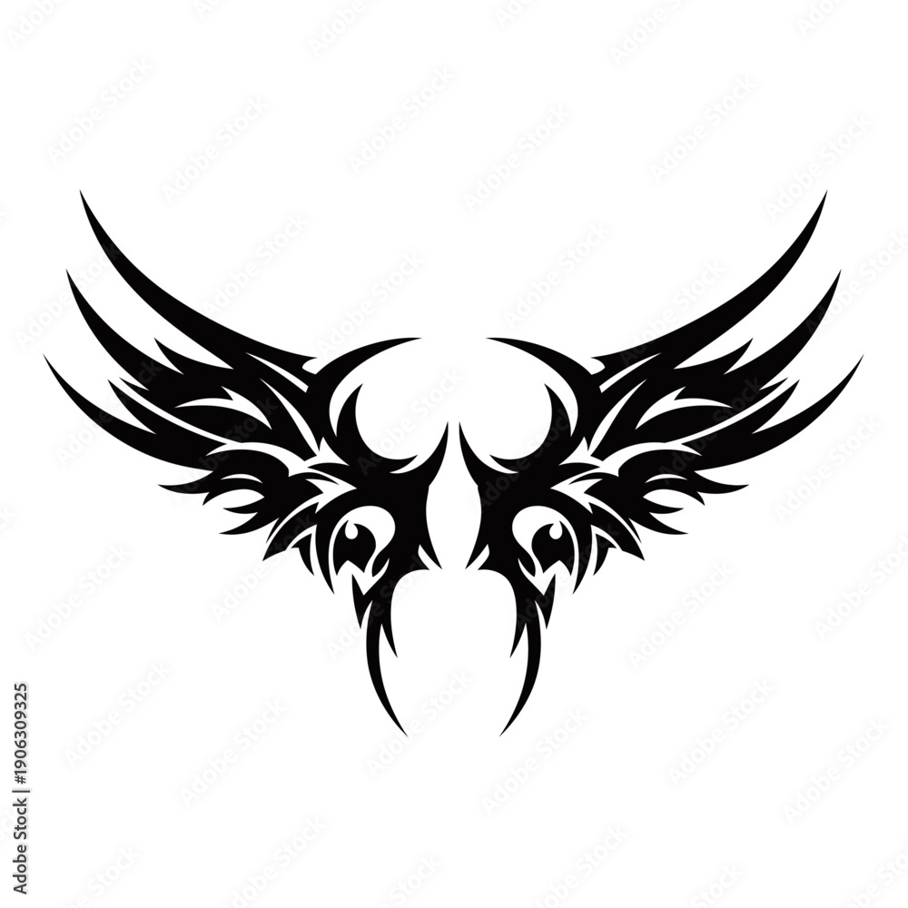 Fototapeta premium A black tribal wing tattoo design with sharp, angular edges and intricate details.
