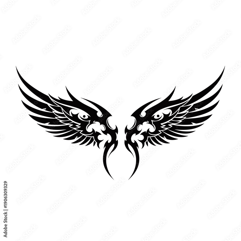 Fototapeta premium Stylized black tribal wings design, symmetrical and intricate, often used for tattoos or graphic art.