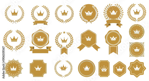 Golden Crown and Laurel Wreath Emblems Set for Royalty and Achievement.