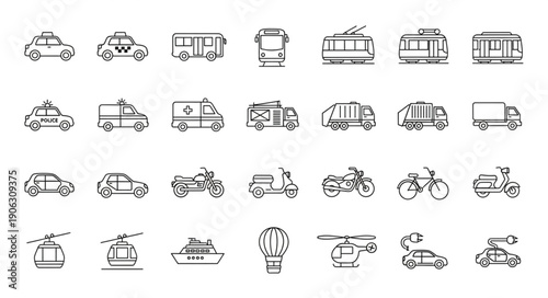 Collection of hand-drawn transportation icons in a grid layout.