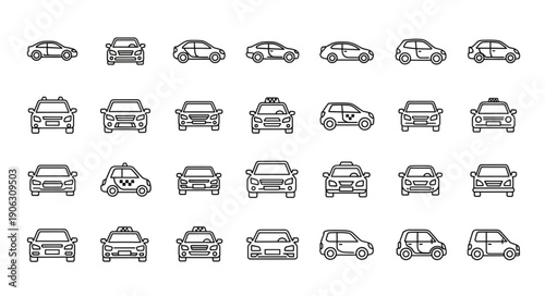 Collection of hand-drawn car icons in various styles.