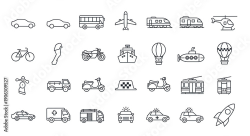 Collection of hand-drawn transportation icons on white background.