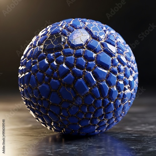 Textured sphere features numerous polygonal facets connected by fine golden lines resting on a dark surface