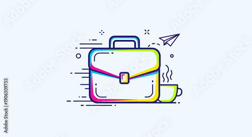 Dynamic business concept with vibrant briefcase, coffee, and paper airplane icon illustration