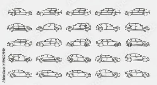 Collection of hand-drawn car sketches in various angles.