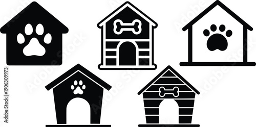 Set of dog house silhouette vector icons on a white background