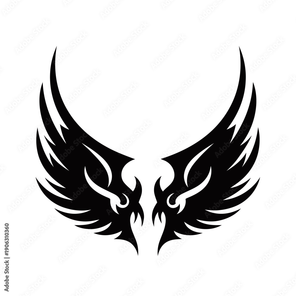 Obraz premium A striking black tribal wing design with sharp, angular feather details.