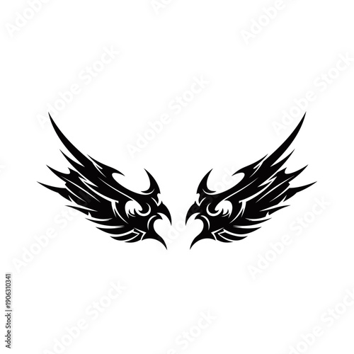 A striking black tribal wing design with sharp, angular edges and intricate detailing.