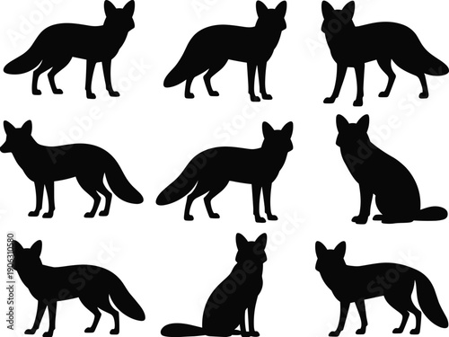 Fox silhouette pose collection, wild fox animal shapes, black fox icons isolated on white background, wildlife vector illustration