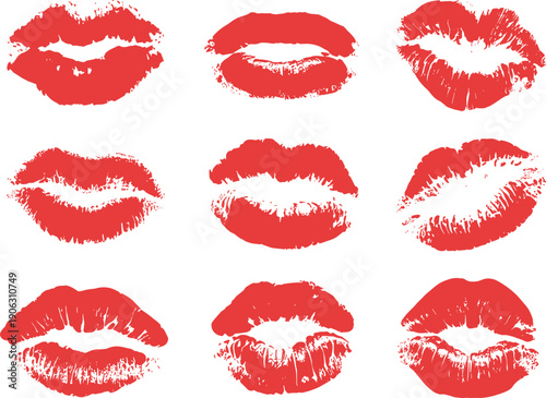Red lipstick kiss marks collection, sexy lips print set, romantic beauty makeup symbols isolated on white background illustration