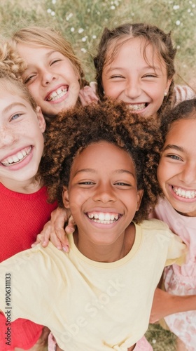 Group of joyful children hugging and smiling outdoors in a home garden during summer vacation, diverse kids enjoying a playful active lifestyle with high angle view