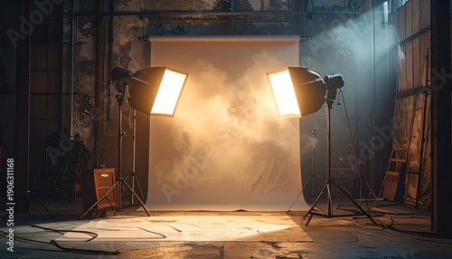 A photo studio setup with two bright lights illuminating a white backdrop with fog