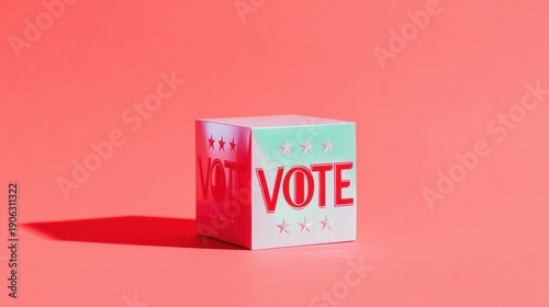 Vote Word on Cube Graphic with stars on a solid red background for democracy and election campaign marketing banner with copy space for text