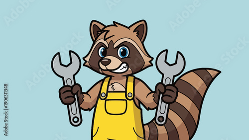 Cartoon Raccoon Mechanic Holding Wrenches Ready for Repair Work.