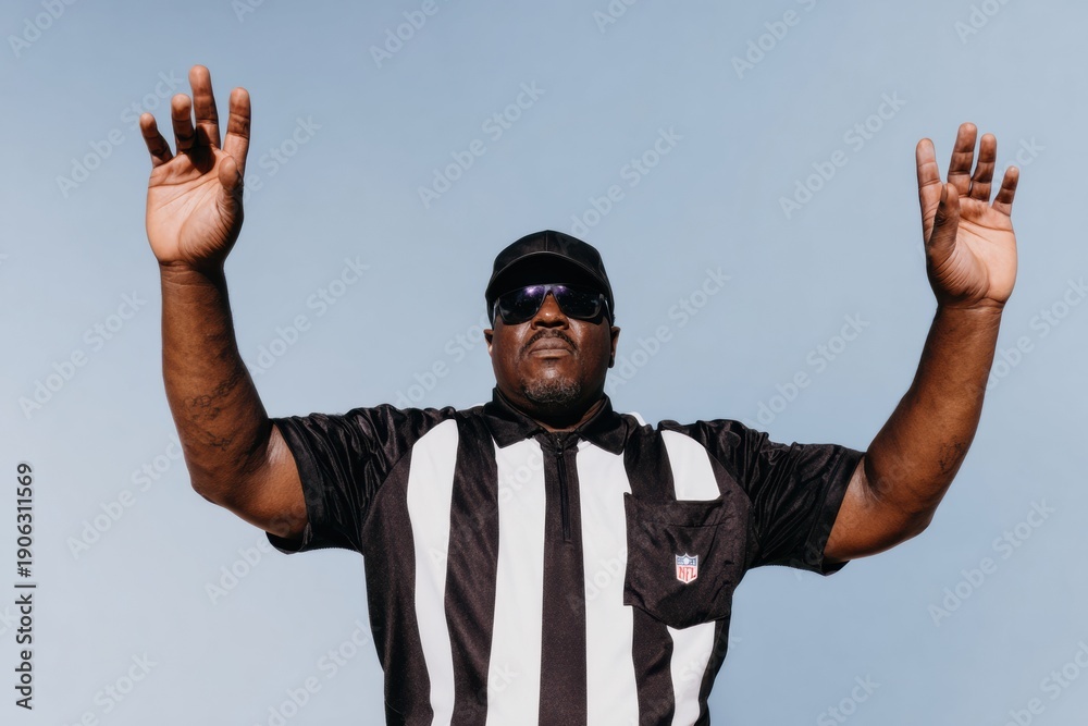Naklejka premium American football referee signaling a touchdown with arms raised while officiating a professional game outdoors including copy space for sports advertising