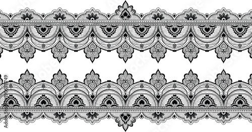 Ornate vintage lace border pattern set with intricate floral details, decorative horizontal ornamental trim illustration in black and white isolated on white background