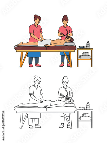 Two women receiving spa treatment from two massage therapists in a beauty salon, wellness and relaxation concept