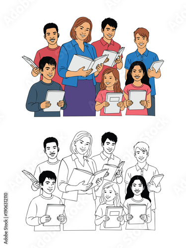 Choir director teaching music to diverse group of people of different ages holding books