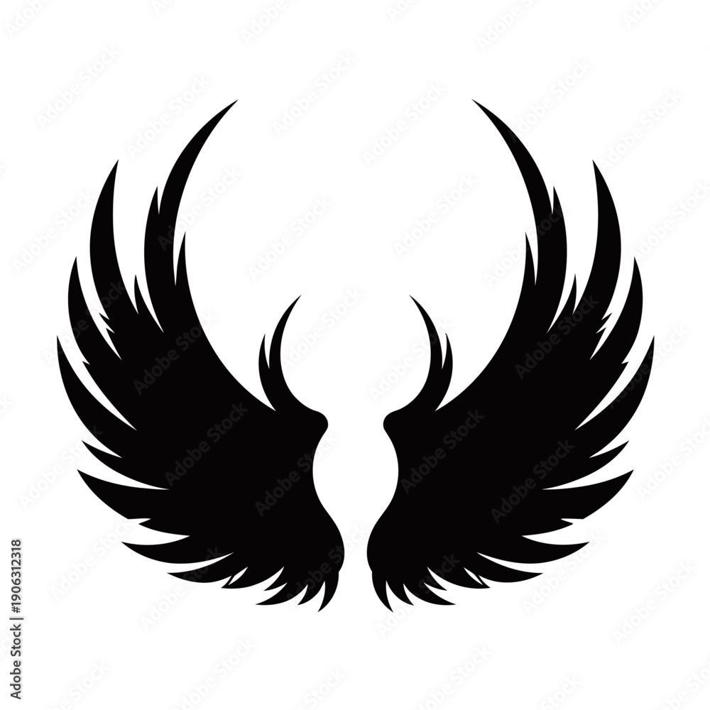 Fototapeta premium A pair of stylized black wings with sharp, upward-curving tips, resembling a graphic emblem or tattoo design.