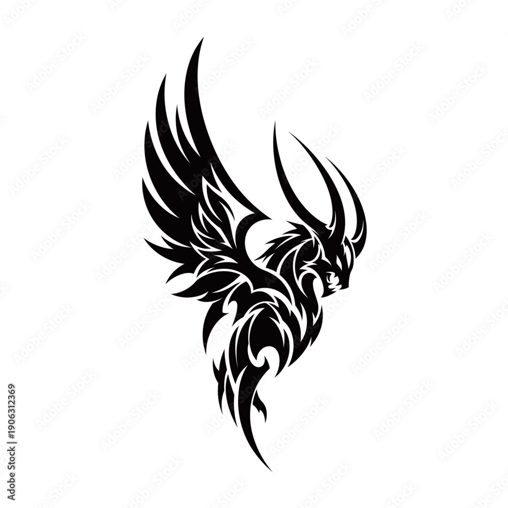 Fototapeta premium Intricate black and white tribal tattoo design featuring a stylized winged dragon or mythical creature with sharp horns and flowing lines.