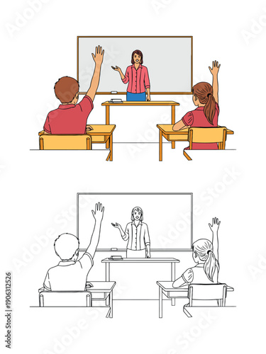 Female teacher classroom students raising hands lesson participation interactive learning