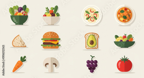 Collection of Healthy Food Icons and Illustrations.