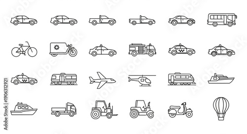 Collection of hand-drawn transportation vehicles and modes of travel.