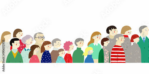 A diverse group of illustrated people stand closely together in a row