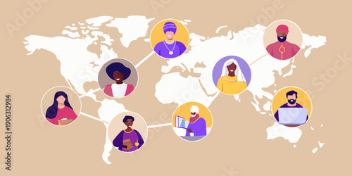 Global connections diverse portraits overlaid on a world map illustration