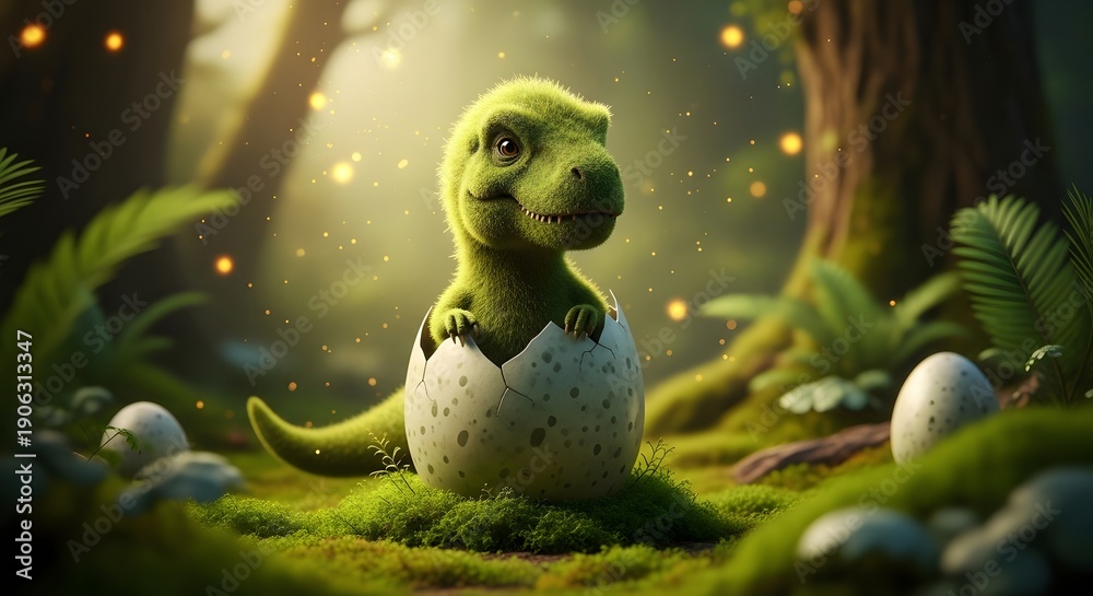 Fototapeta premium A cute green dinosaur emerging from an egg in a mystical forest