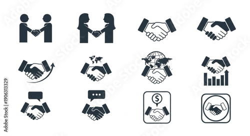 Collection of Handshake Icons Representing Business Deals and Agreements.