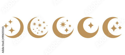 A set of gold moon and sparkling starlight illustrations of various shapes, featuring crescent, half, and full moon symbols