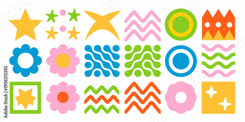 Colorful assortment of playful geometric shapes and floral designs