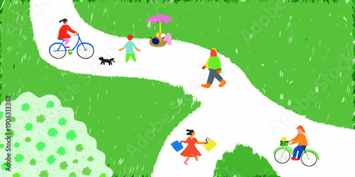 A whimsical illustration depicts people and pets enjoying a park pathway