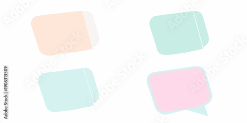 Four pastel colored speech bubbles arranged on a white background
