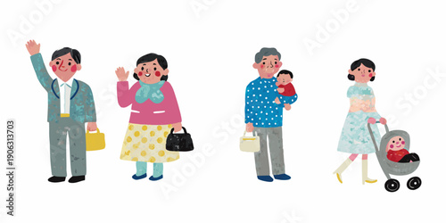 Illustration of a family parents grandparents and a baby in a stroller