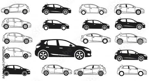 Collection of hatchback car outlines and silhouettes.