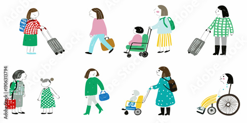 Illustration of families traveling with luggage and strollers whimsical style