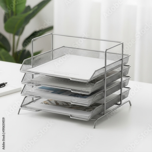 Mesh file rack with multiple tiers, isolated on a white desk, showcasing organized documents and a minimalist background with soft natural light