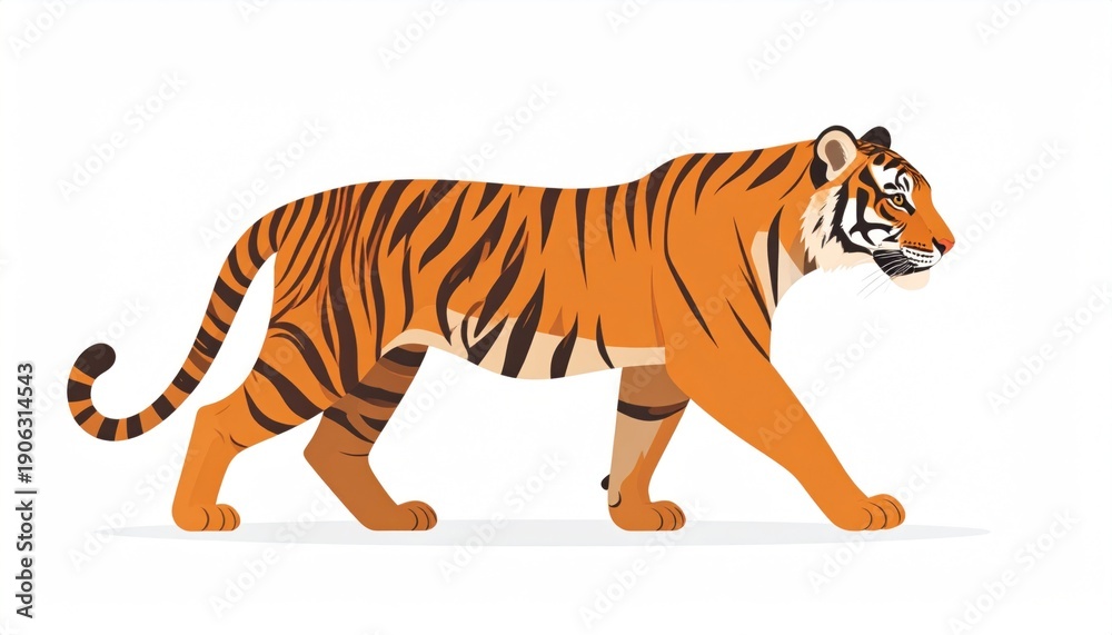 Obraz premium A vibrant, walking tiger with orange fur and black stripes against a clean white backdrop
