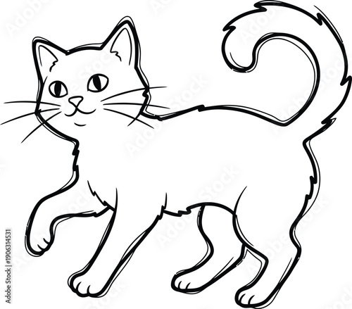 A simple line drawing of a cat standing with its tail curled.