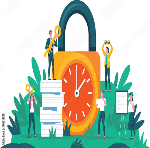 Time Management Concept With Padlock Clock And Business Team Illustration