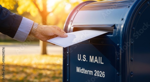 Voter's hand dropping an official ballot envelope into a blue USPS mailbox. Absentee voting concept during autumn election season with golden yellow leaves in the background.