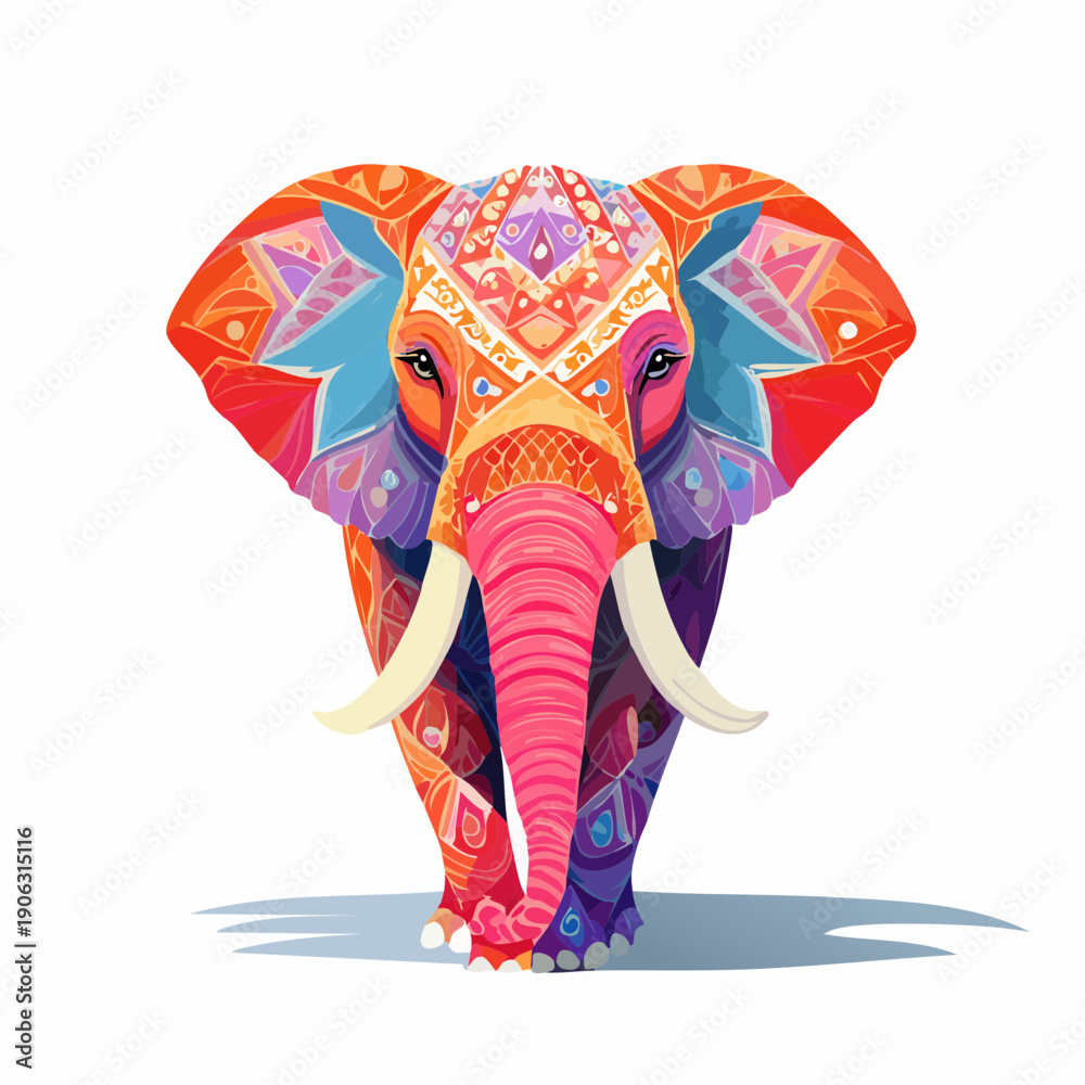 Obraz premium Vibrant elephant illustration featuring intricate patterns and designs, showcasing cultural heritage and wildlife beauty from a front viewpoint