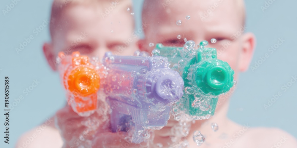 Fototapeta premium Group of kids with water guns playing outdoors in a backyard garden during summer holiday, active play moment for social media content and advertising