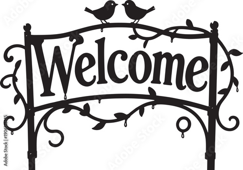 Charming welcome sign with silhouetted birds perched atop, ornate scrollwork and leafy vines, ideal for home decor or hospitality.